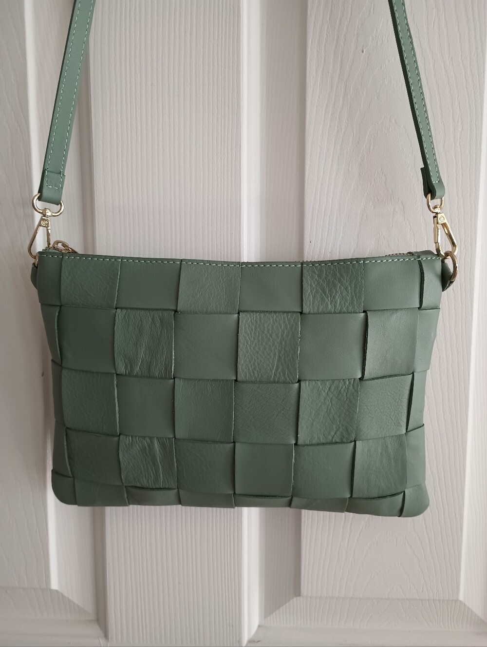 Anna Paola Brit Basket Weave Leather Crossbody Bag In Sage Green